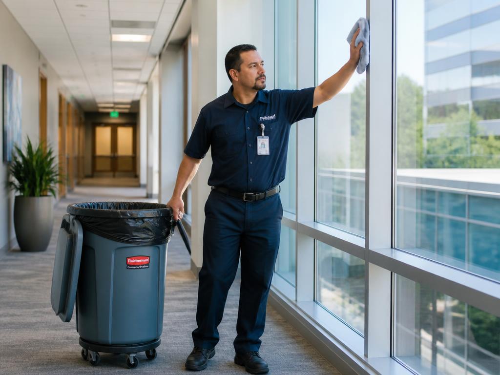 Day porter completing general cleaning in a commercial facility