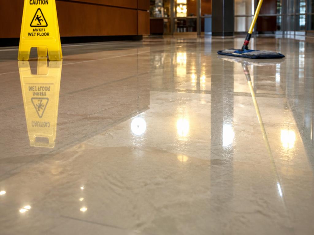 Freshly stripped and waxed commercial floor with mirror shine